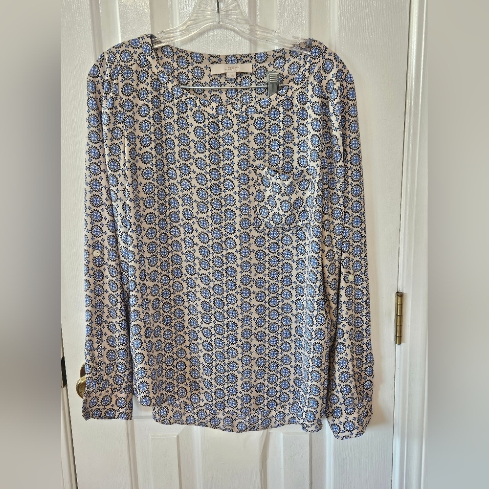 LOFT Blue and Cream Geometric Blouse Small